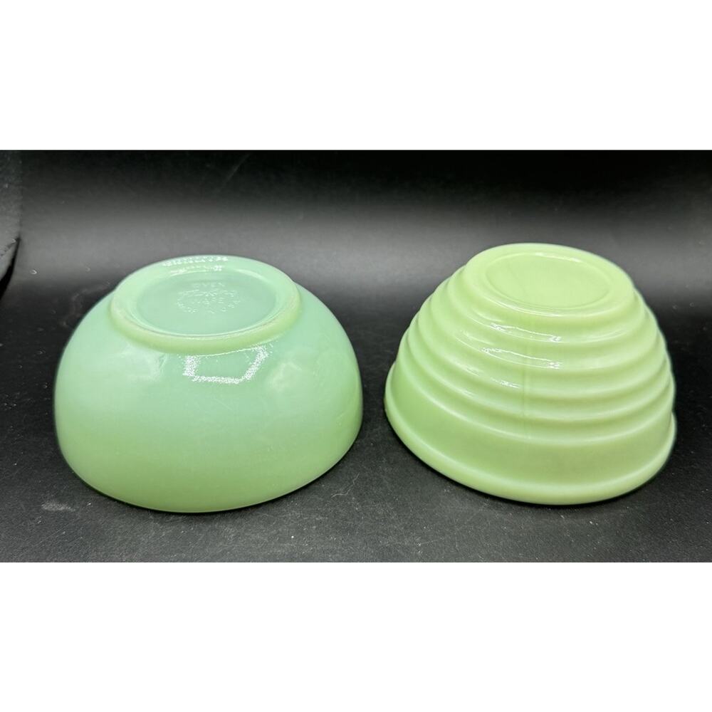 2 Vtg Jeannette Uranium Glass Jadeite Green Frige Jars Ribbed EUC! -S1 X